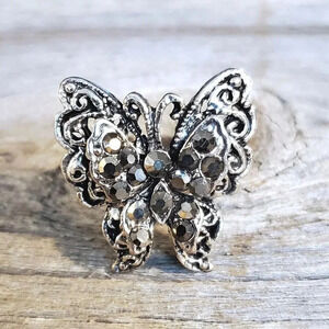 Vintage Y2K 90s Smoke Gray Crystal Butterfly Silver Adjustable Cocktail Ring